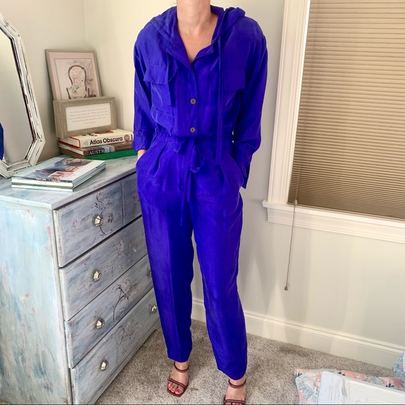 Vintage Pants - Vintage Saks Real Clothes Silk Blue Jumpsuit